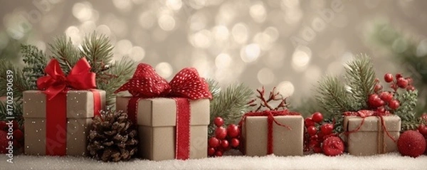 Fototapeta Christmas background with gifts and bokeh lights, festive decoration for Christmas, Minimal scene for mockup products, promotion display, 3D rendering product display platform.