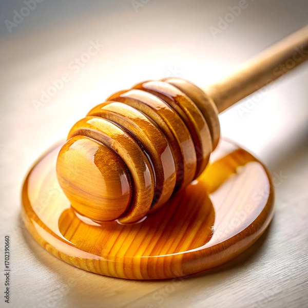 Fototapeta Close up of Honey Dipper with Dripping Honey on Wooden Surface