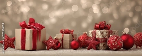 Fototapeta Christmas background with gifts and bokeh lights, festive decoration for Christmas, Minimal scene for mockup products, promotion display, 3D rendering product display platform.