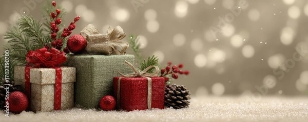 Fototapeta Christmas background with gifts and bokeh lights, festive decoration for Christmas, Minimal scene for mockup products, promotion display, 3D rendering product display platform.