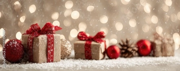 Fototapeta Christmas background with gifts and bokeh lights, festive decoration for Christmas, Minimal scene for mockup products, promotion display, 3D rendering product display platform.