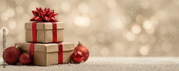 Fototapeta Christmas background with gifts and bokeh lights, festive decoration for Christmas, Minimal scene for mockup products, promotion display, 3D rendering product display platform.