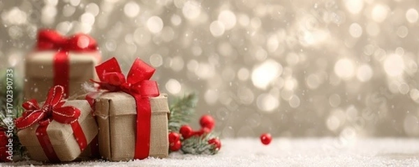 Fototapeta Christmas background with gifts and bokeh lights, festive decoration for Christmas, Minimal scene for mockup products, promotion display, 3D rendering product display platform.