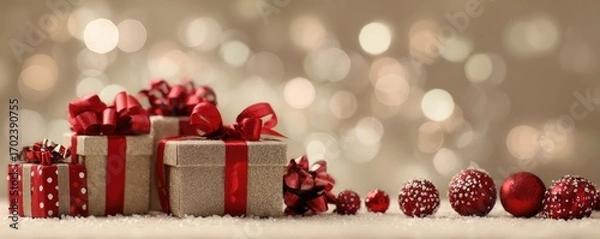 Fototapeta Christmas background with gifts and bokeh lights, festive decoration for Christmas, Minimal scene for mockup products, promotion display, 3D rendering product display platform.