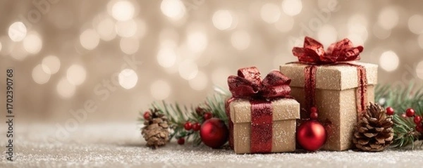 Fototapeta Christmas background with gifts and bokeh lights, festive decoration for Christmas, Minimal scene for mockup products, promotion display, 3D rendering product display platform.