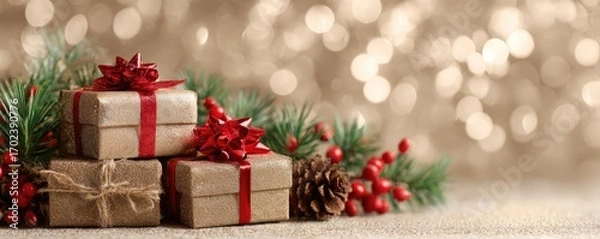 Fototapeta Christmas background with gifts and bokeh lights, festive decoration for Christmas, Minimal scene for mockup products, promotion display, 3D rendering product display platform.