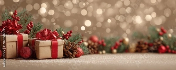 Fototapeta Christmas background with gifts and bokeh lights, festive decoration for Christmas, Minimal scene for mockup products, promotion display, 3D rendering product display platform.
