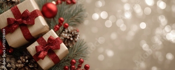 Fototapeta Christmas background with gifts and bokeh lights, festive decoration for Christmas, Minimal scene for mockup products, promotion display, 3D rendering product display platform.
