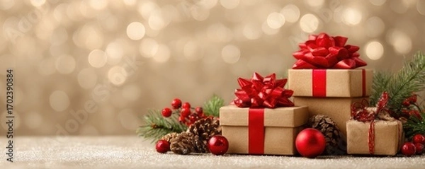Fototapeta Christmas background with gifts and bokeh lights, festive decoration for Christmas, Minimal scene for mockup products, promotion display, 3D rendering product display platform.