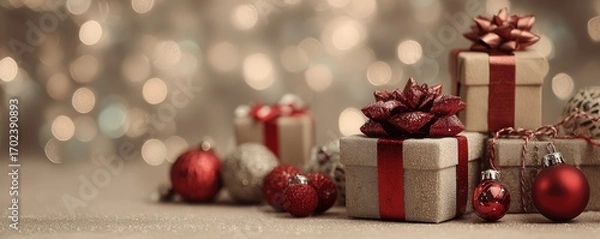 Fototapeta Christmas background with gifts and bokeh lights, festive decoration for Christmas, Minimal scene for mockup products, promotion display, 3D rendering product display platform.