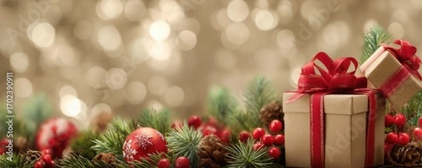 Fototapeta Christmas background with gifts and bokeh lights, festive decoration for Christmas, Minimal scene for mockup products, promotion display, 3D rendering product display platform.