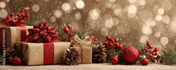 Fototapeta Christmas background with gifts and bokeh lights, festive decoration for Christmas, Minimal scene for mockup products, promotion display, 3D rendering product display platform.