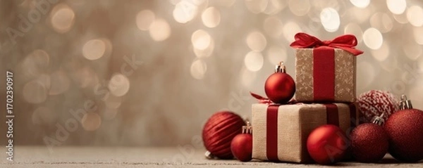 Fototapeta Christmas background with gifts and bokeh lights, festive decoration for Christmas, Minimal scene for mockup products, promotion display, 3D rendering product display platform.