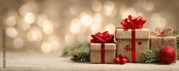 Fototapeta Christmas background with gifts and bokeh lights, festive decoration for Christmas, Minimal scene for mockup products, promotion display, 3D rendering product display platform.