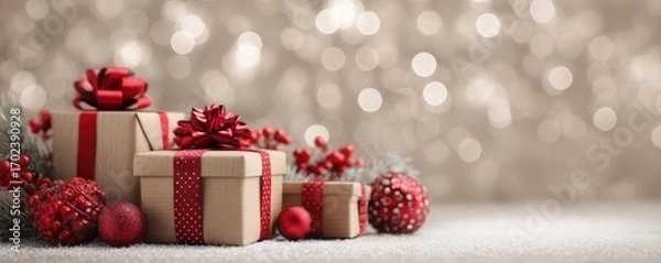 Fototapeta Christmas background with gifts and bokeh lights, festive decoration for Christmas, Minimal scene for mockup products, promotion display, 3D rendering product display platform.