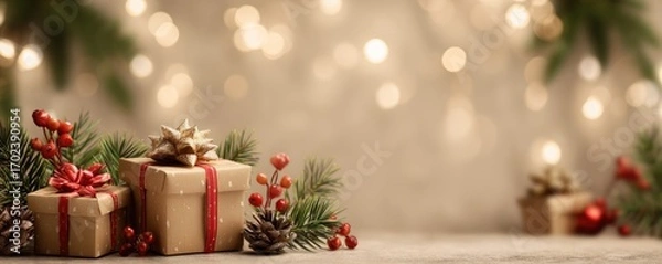 Fototapeta Christmas background with gifts and bokeh lights, festive decoration for Christmas, Minimal scene for mockup products, promotion display, 3D rendering product display platform.