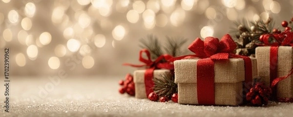 Fototapeta Christmas background with gifts and bokeh lights, festive decoration for Christmas, Minimal scene for mockup products, promotion display, 3D rendering product display platform.