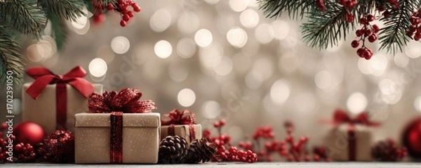 Fototapeta Christmas background with gifts and bokeh lights, festive decoration for Christmas, Minimal scene for mockup products, promotion display, 3D rendering product display platform.
