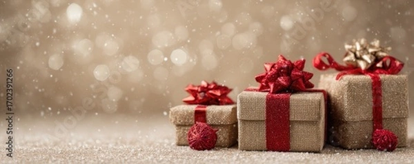 Fototapeta Christmas background with gifts and bokeh lights, festive decoration for Christmas, Minimal scene for mockup products, promotion display, 3D rendering product display platform.