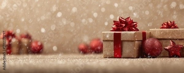 Fototapeta Christmas background with gifts and bokeh lights, festive decoration for Christmas, Minimal scene for mockup products, promotion display, 3D rendering product display platform.
