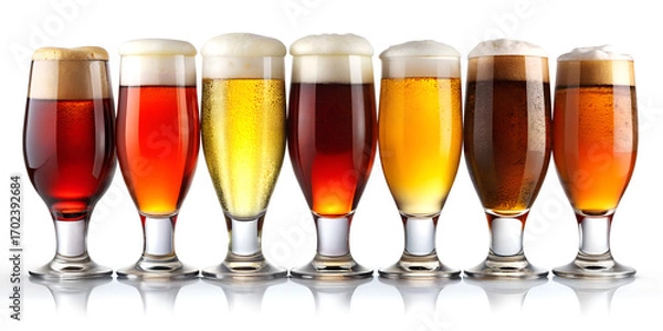 Fototapeta Selection of Craft Beers in Tall Glasses on White Background with Reflection