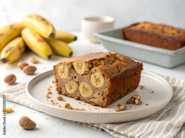 Fototapeta Delicious Homemade Banana Bread Slice with Walnuts and Fresh Bananas