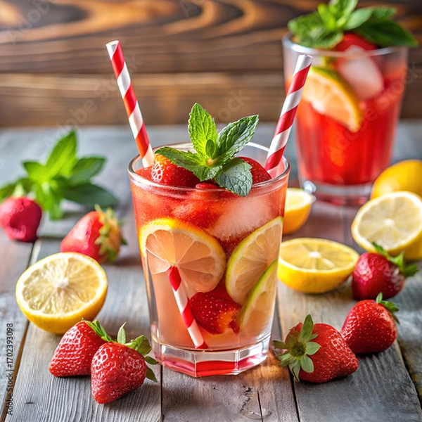Fototapeta Refreshing Strawberry Lemonade with Mint and Ice on a Rustic Wooden Table