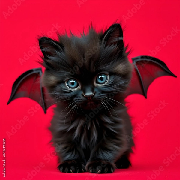 Obraz black kitten with bat wings on red background 