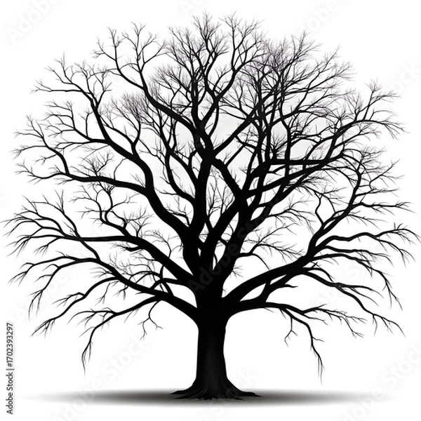 Fototapeta Silhouette of a Bare Tree with Intricate Branches Against a White Background