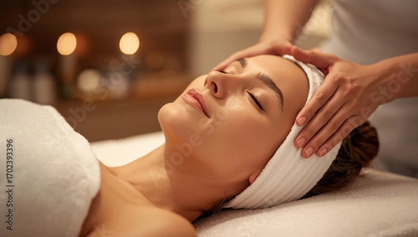 Obraz Relaxing spa scene with a woman receiving a gentle head massage, eyes closed, wrapped in a towel, with warm candlelight in the background