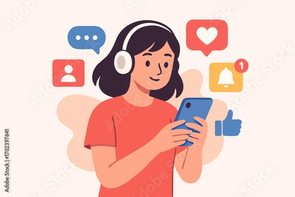 Fototapeta Vector illustration of diverse group of people using laptop and smartphones, online communication and teamwork.