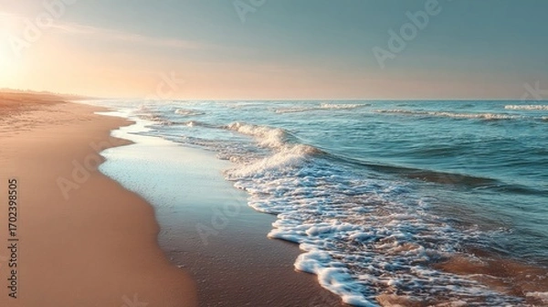 Fototapeta Empty Beach at Sunset with Calm Waves – Minimalist Nature Background for Design and Web
