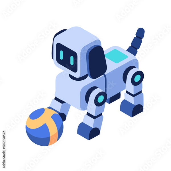 Fototapeta Isometric Robot Dog Playing with a Ball, Modern Technology Pet Companion Illustration