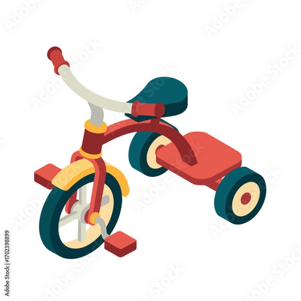 Fototapeta Isometric Illustration of a Red and Yellow Tricycle with Three Wheels for Children
