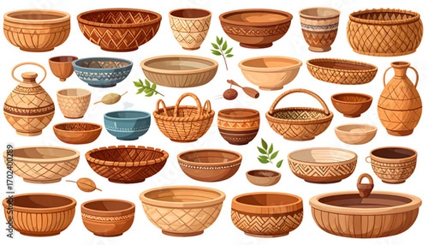 Fototapeta A diverse vector collection of traditional handcrafted ceramic and woven bowls and pottery, featuring earthy tones and intricate patterns, showcasing various artisanal designs and textures