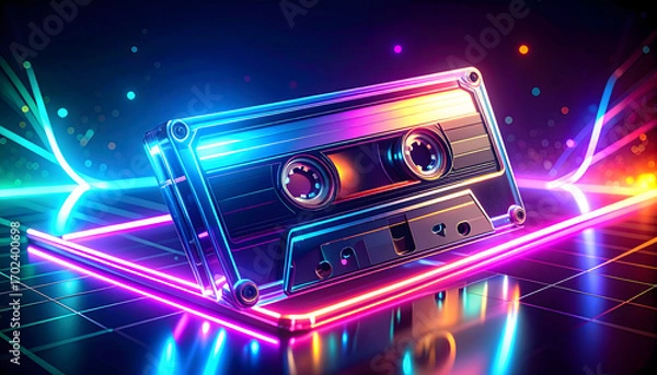 Fototapeta A futuristic, retro-futurism style vector of a vintage cassette tape with a glowing holographic finish and neon lights, floating in a dark cyberspace environment with glowing lines
