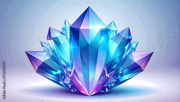 Fototapeta A geometric vector rendering of a glowing, multifaceted crystal cluster, featuring sharp facets and a vibrant, iridescent gradient of icy blues, purples, and white