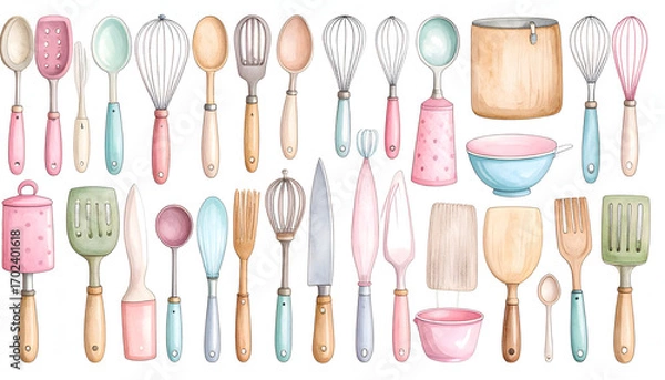 Fototapeta A whimsical, hand-drawn vector set of watercolor kitchen utensils and cookware with playful, exaggerated proportions, including whisks, pots, and spatulas in soft pastel colors