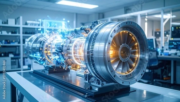 Fototapeta A detailed view of an advanced machine with intricate internal components highlighted in blue and orange hues in a laboratory setting