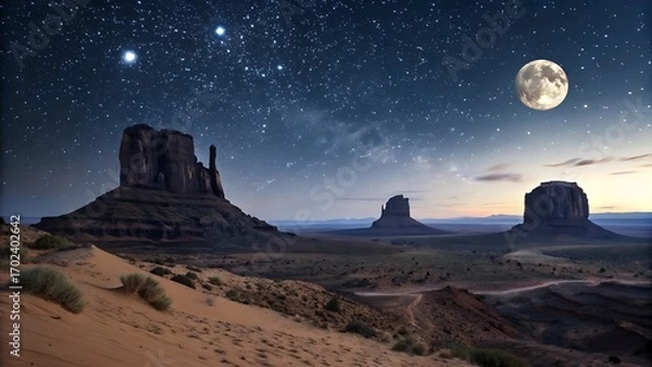Fototapeta Magnificent Nightscape: Desert Buttes Under a Starry Sky, Illuminated by a Full Moon in a Beautiful, Serene, and Quiet Landscape.