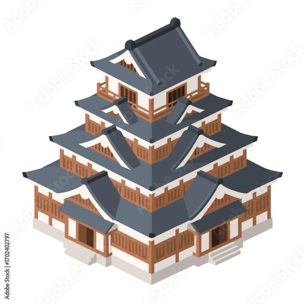 Fototapeta Isometric Illustration of a Traditional Japanese Castle with Multiple Tiers and Intricate Roof Design