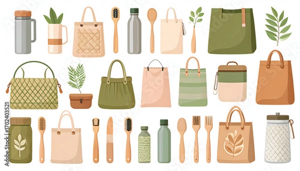 Fototapeta A modern flat vector set of various eco-friendly and reusable items, including bamboo toothbrushes, glass bottles, and tote bags, in a clean and natural color palette
