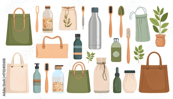 Fototapeta A modern flat vector set of various eco-friendly and reusable items, including bamboo toothbrushes, glass bottles, and tote bags, in a clean and natural color palette