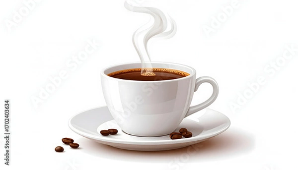 Fototapeta A photorealistic vector illustration of a steaming cup of hot black coffee on a matching saucer, with realistic lighting and soft shadows on a white background