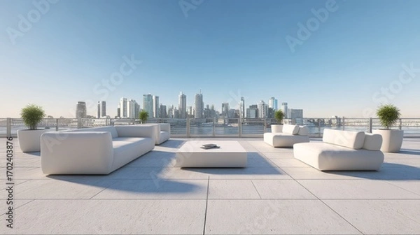 Fototapeta Empty Modern Rooftop Terrace with City View – Minimalist Outdoor Background for Design and Web