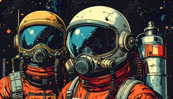 Fototapeta A retro-styled, grainy illustration of three astronauts in orange space suits and classic helmets, with reflections of the cosmos, evoking vintage space exploration posters