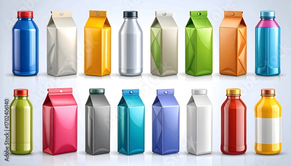 Fototapeta A 3D-inspired vector illustration of food and drink packaging, featuring exaggerated proportions, vibrant colors, and reflective surfaces, on a white background