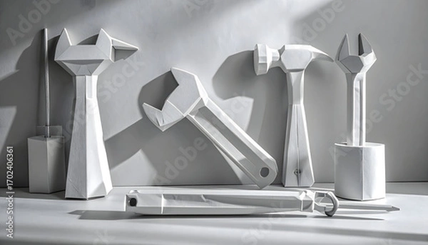 Fototapeta A photograph of abstract, hand-crafted paper models of common tools, including a hammer, wrench, and screwdriver, cast in stark shadows