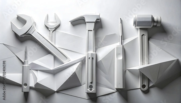 Fototapeta A photograph of abstract, hand-crafted paper models of common tools, including a hammer, wrench, and screwdriver, cast in stark shadows