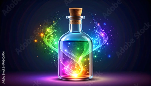 Fototapeta An abstract vector illustration of a glowing magic potion bottle, filled with swirling, colorful vapor and vibrant particles, on a dark background